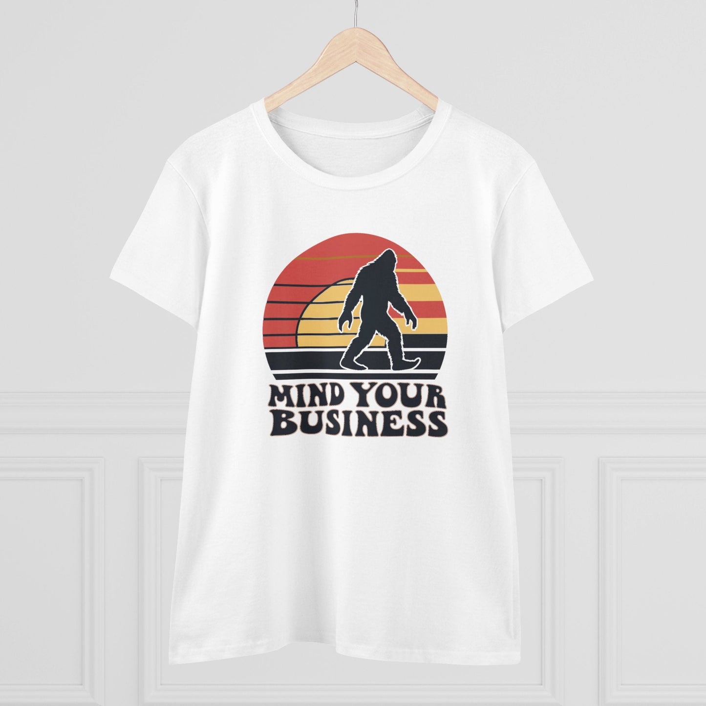 T - Shirt - Mind Your Business Retro Bigfoot | Women's T - Shirt | Cotton Tee from Crypto Zoo Tees