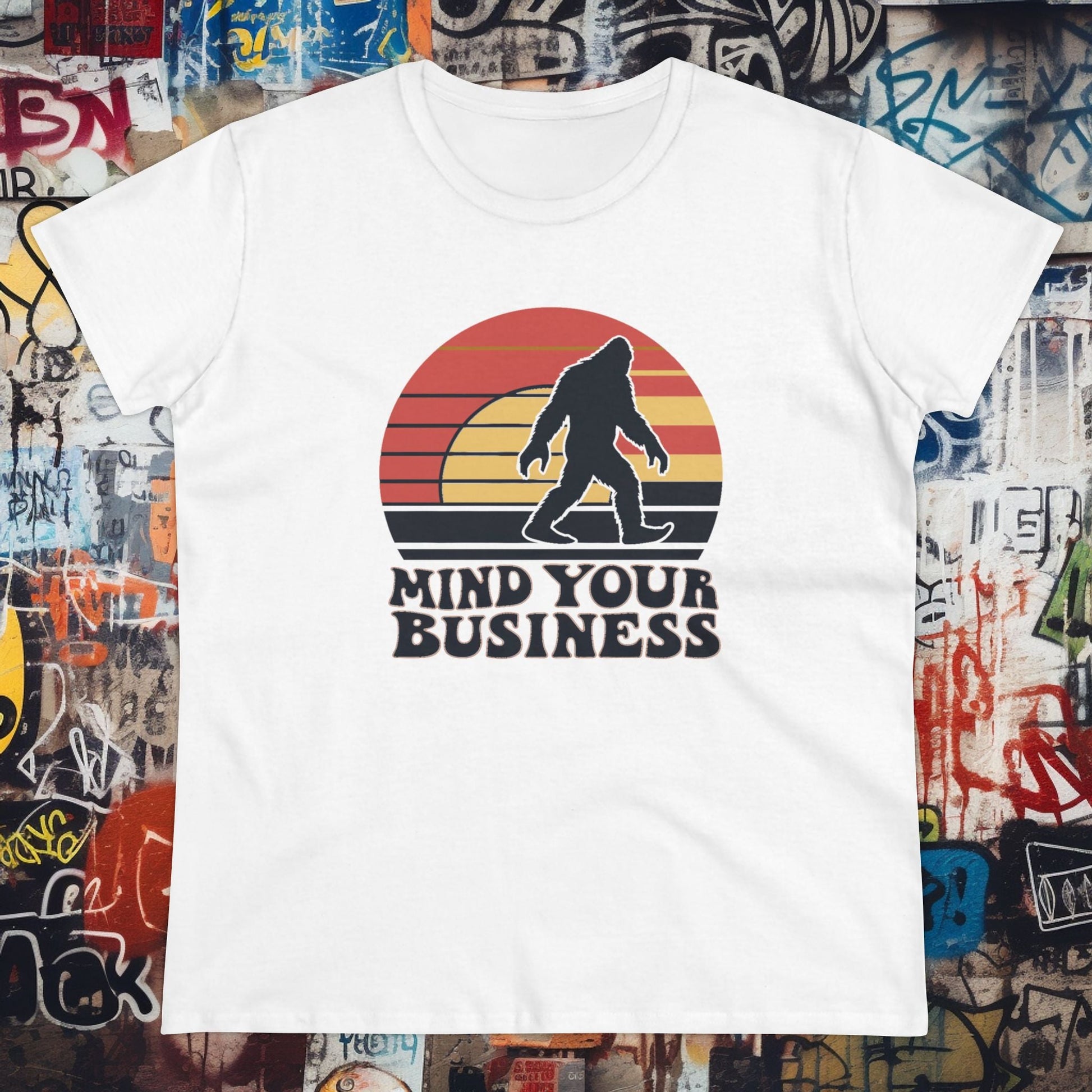 T - Shirt - Mind Your Business Retro Bigfoot | Women's T - Shirt | Cotton Tee from Crypto Zoo Tees