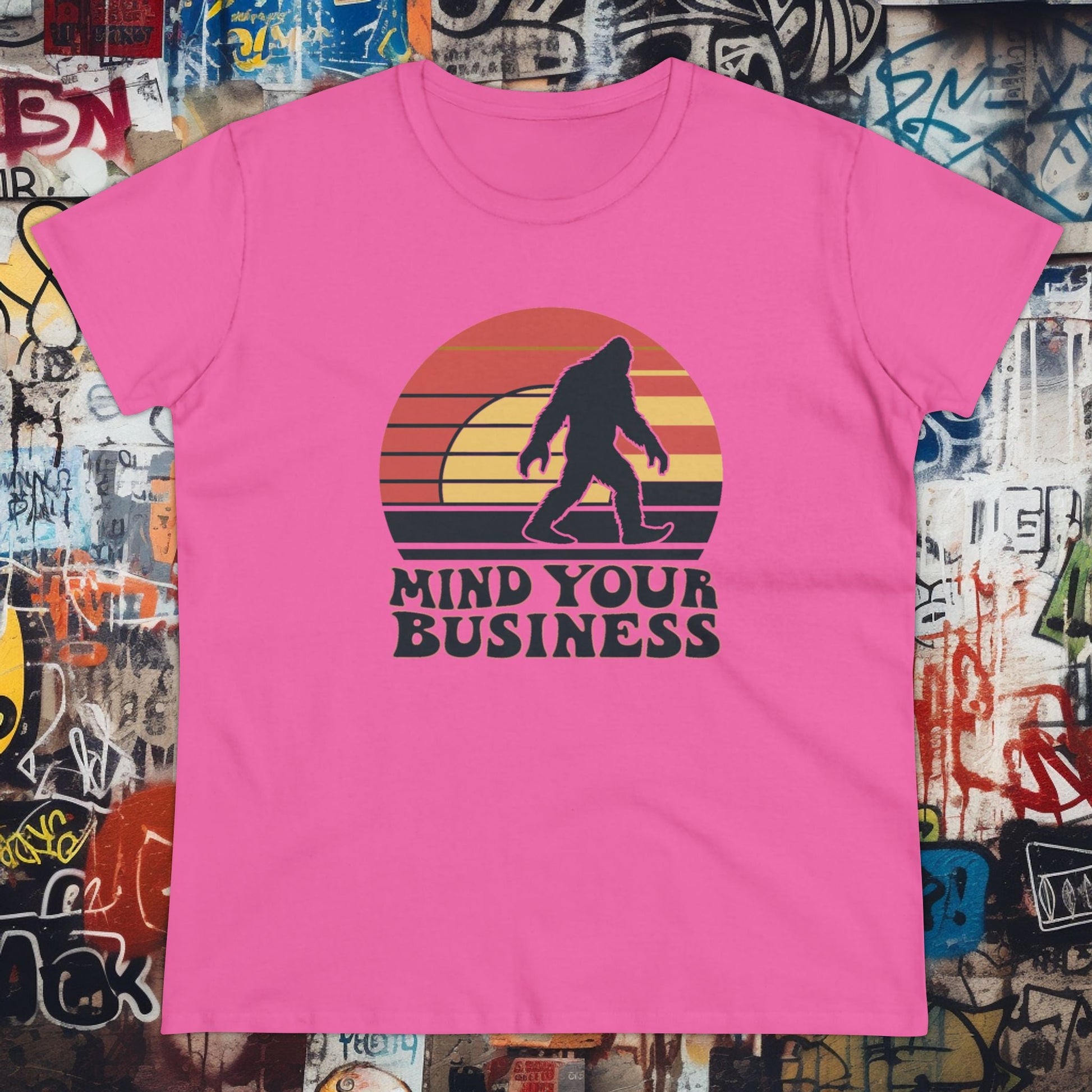 T - Shirt - Mind Your Business Retro Bigfoot | Women's T - Shirt | Cotton Tee from Crypto Zoo Tees