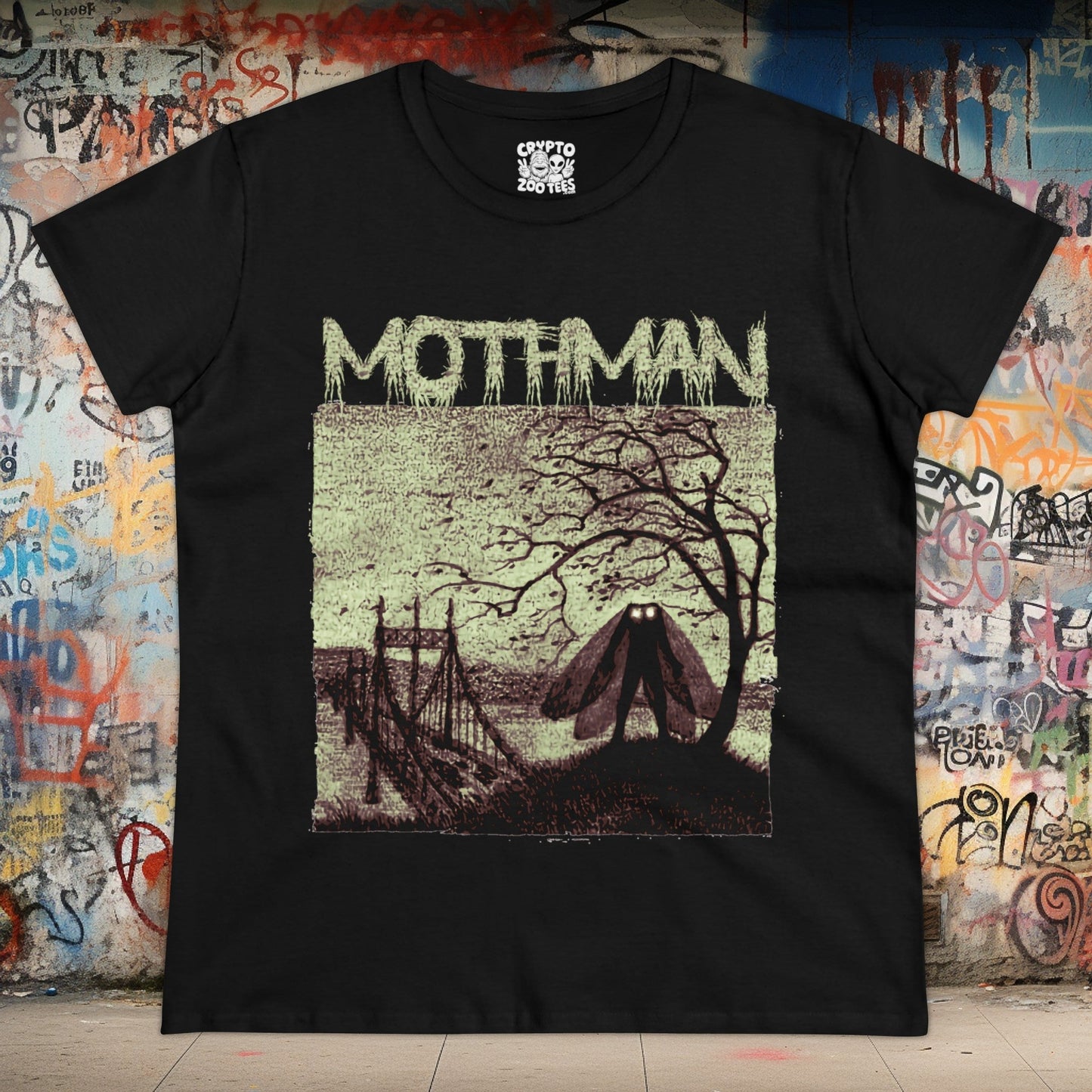 T-Shirt - Mothman and Bridge | Women's T-Shirt | Cotton Tee | Ladies Tee from Crypto Zoo Tees