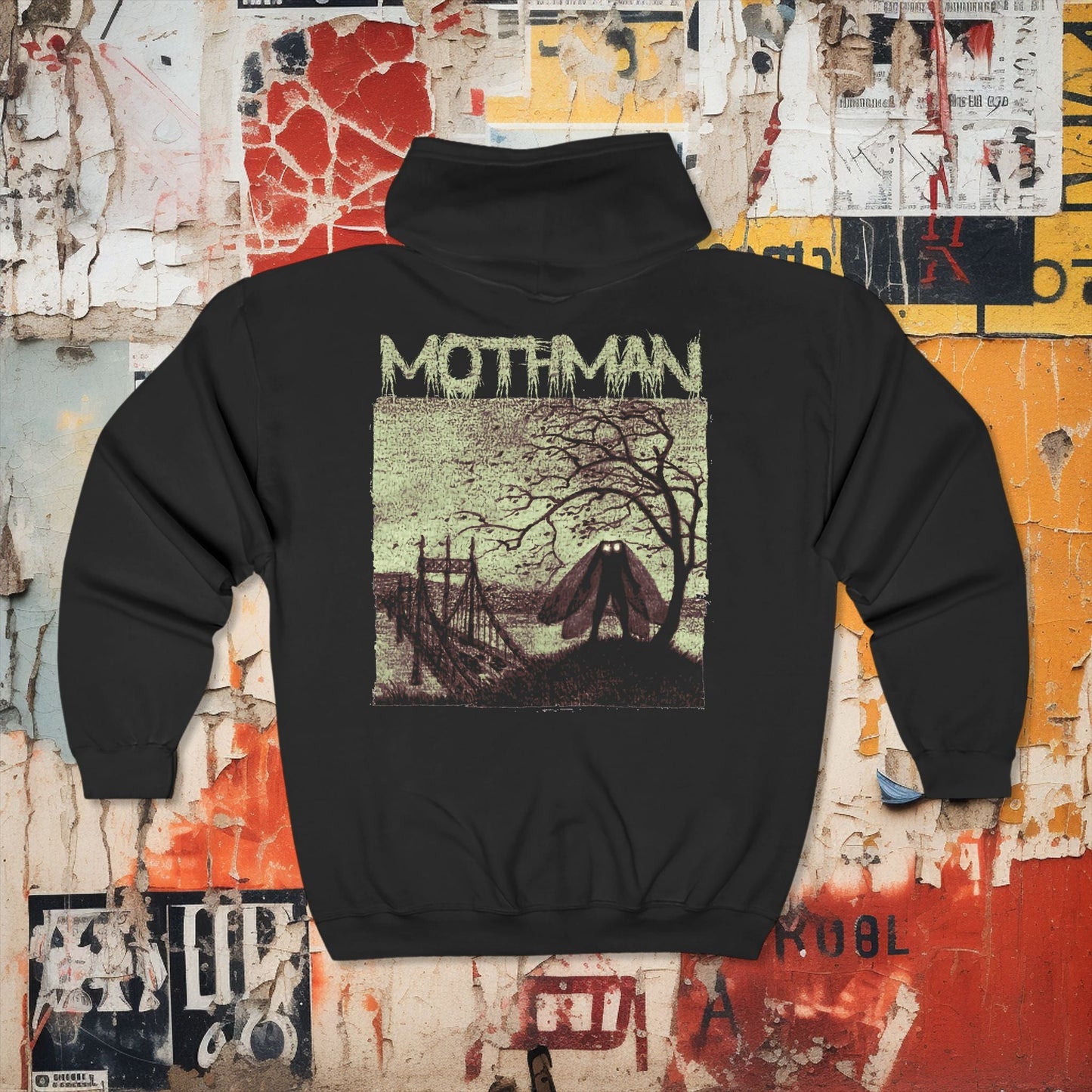 Hoodie - MOTHMAN BRIDGE Full Zip Hooded Sweatshirt from Crypto Zoo Tees