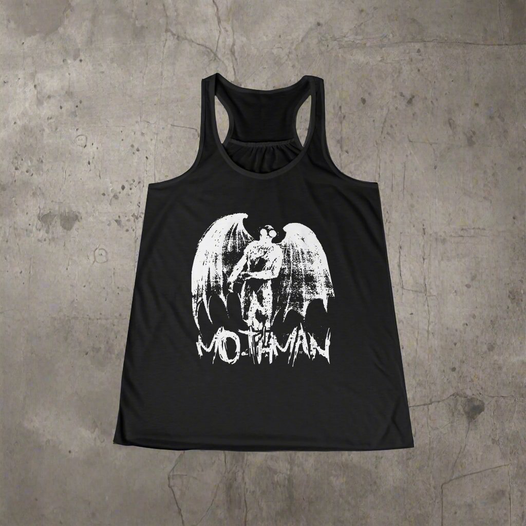 Tank Top - Mothman Distressed White Stencil | Ladies Racerback Tank Top from Crypto Zoo Tees