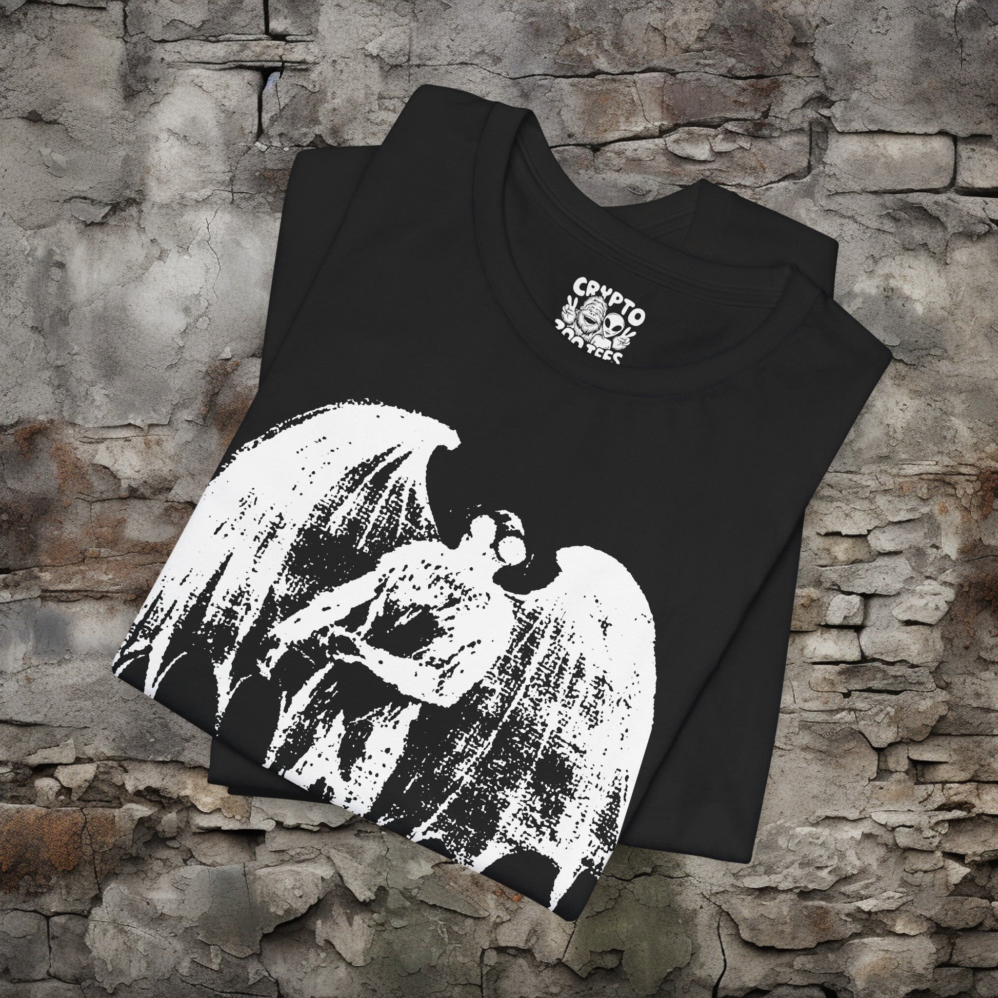 T - Shirt - Mothman Distressed White Stencil | Paranormal | Bella + Canvas Unisex T - shirt from Crypto Zoo Tees