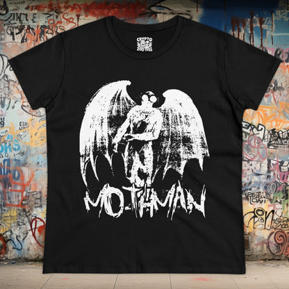 T-Shirt - Mothman Distressed White Stencil | Women's T-Shirt | Cotton Tee | Ladies Tee from Crypto Zoo Tees