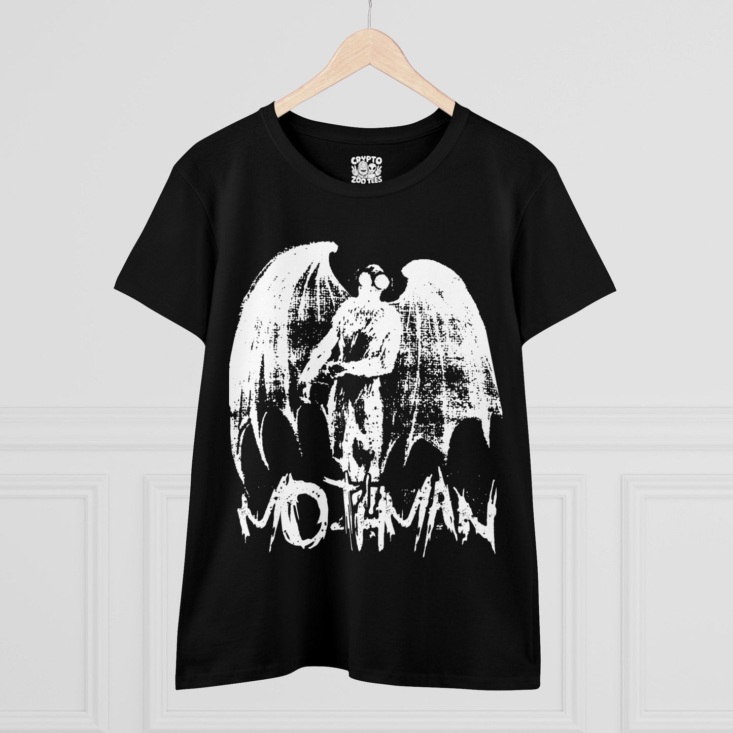 T-Shirt - Mothman Distressed White Stencil | Women's T-Shirt | Cotton Tee | Ladies Tee from Crypto Zoo Tees