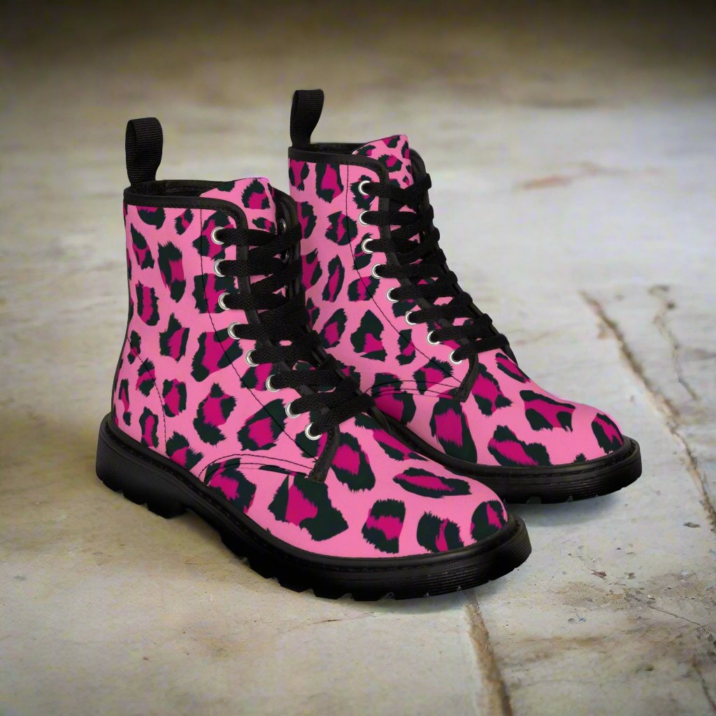 Shoes - Neon Pink Leopard Cheetah Print Boots | Animal Print Combat Boots | Punk Style Neon Boots | Women's Fashion Boots | Vegan Leather Ankle Boots | Eco - Friendly from Crypto Zoo Tees