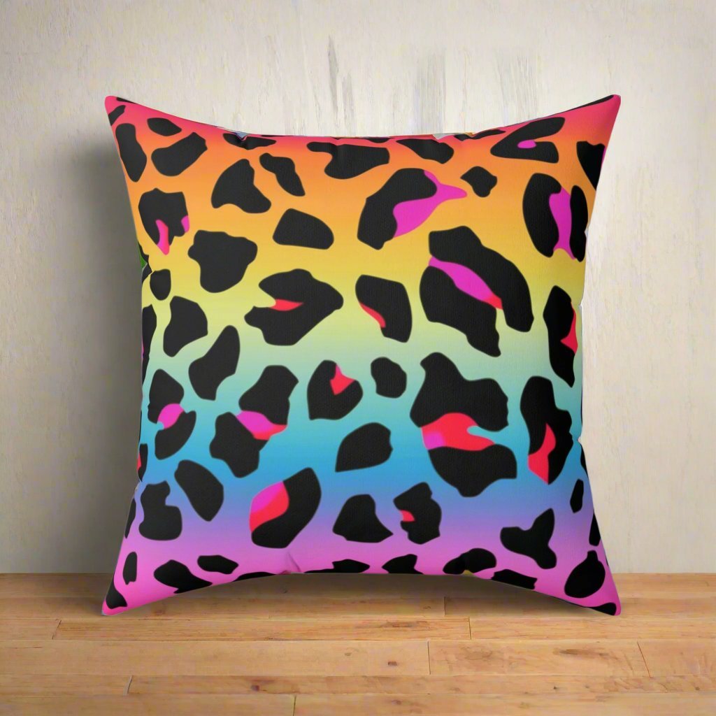 Home Decor - Neon Rainbow 80s Aesthetic Leopard Print | Retro Decor | Spun Polyester Pillow | Pillow Included! from Crypto Zoo Tees