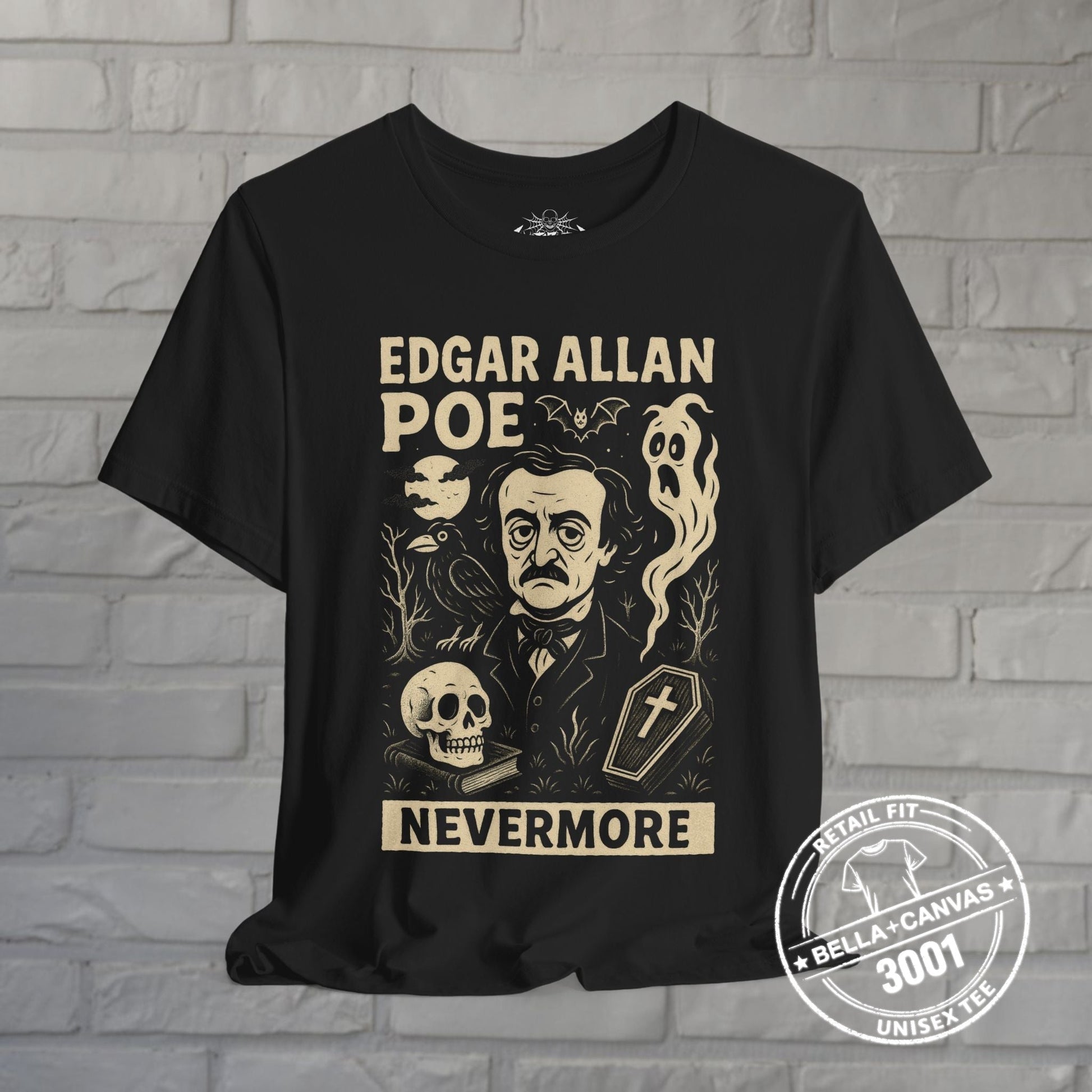 T-Shirt - Nevermore Poe Raven | Unisex T-shirt (Bella+Canvas 3001) | Horror, Thinkers | Goth/Gothic, Retro, Vintage from Crypto Zoo Tees