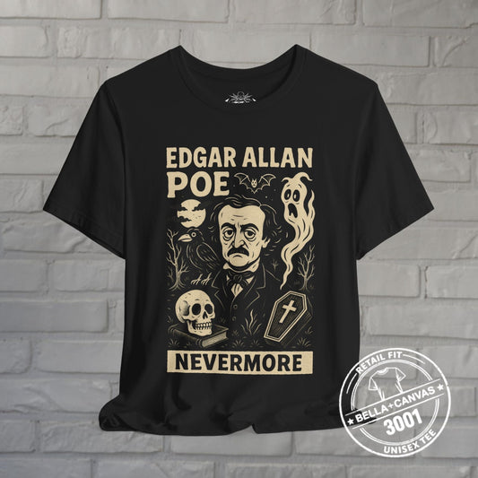 T-Shirt - Nevermore Poe Raven | Unisex T-shirt (Bella+Canvas 3001) | Horror, Thinkers | Goth/Gothic, Retro, Vintage from Crypto Zoo Tees