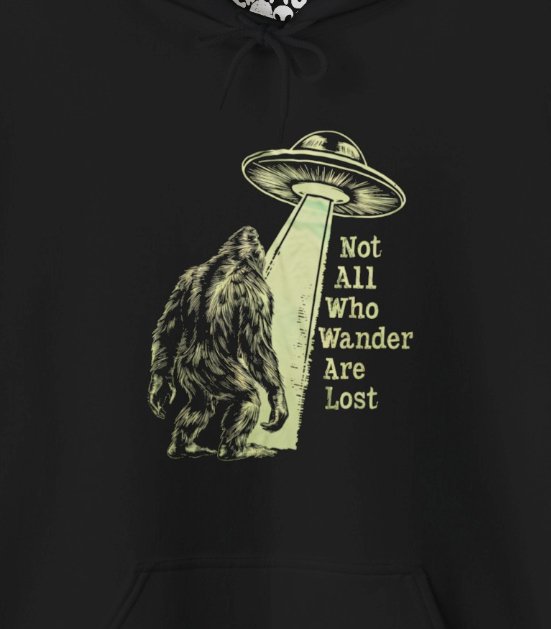 Hoodie - Not All Who Wander Are Lost Bigfoot UFO | Hoodie | Hooded Sweatshirt from Crypto Zoo Tees