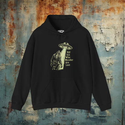 Hoodie - Not All Who Wander Are Lost Bigfoot UFO | Hoodie | Hooded Sweatshirt from Crypto Zoo Tees