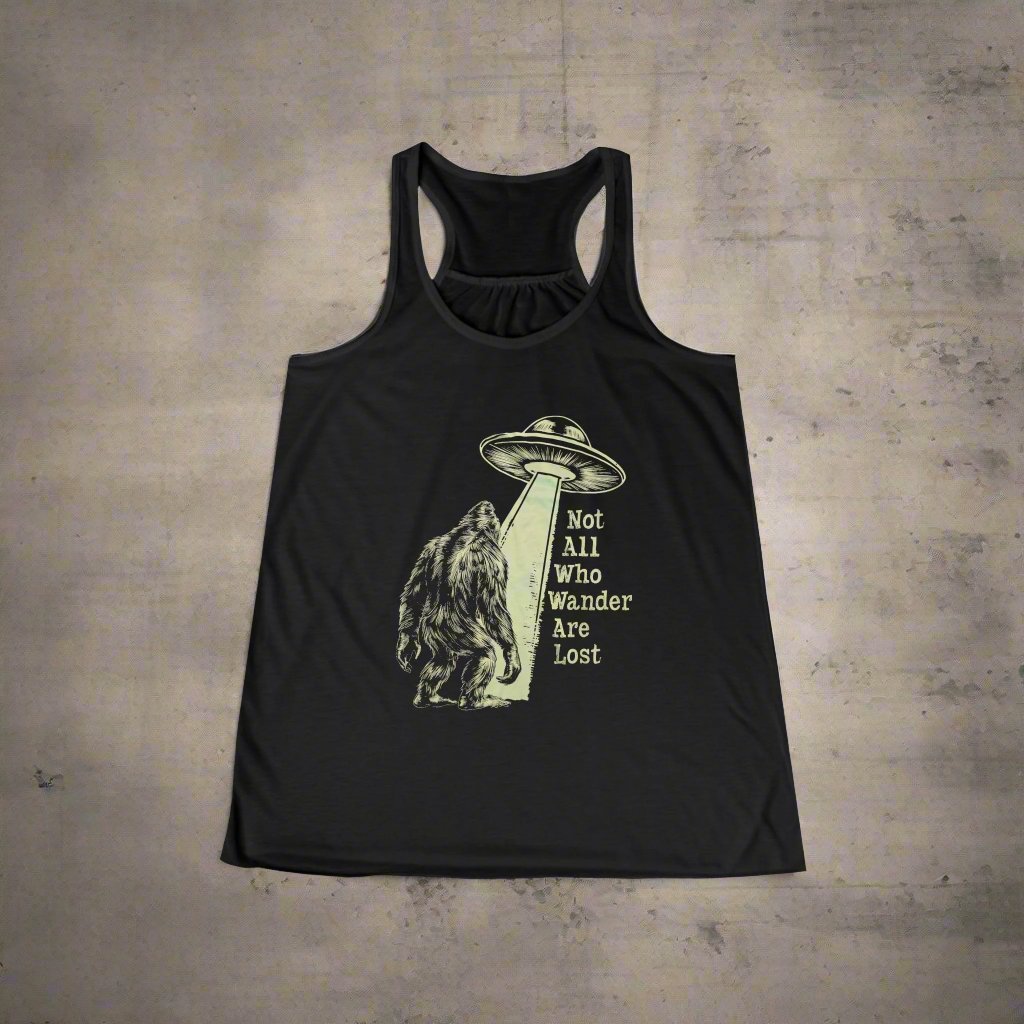 Tank Top - Not All Who Wander Are Lost Bigfoot UFO | Ladies Racerback Tank Top from Crypto Zoo Tees