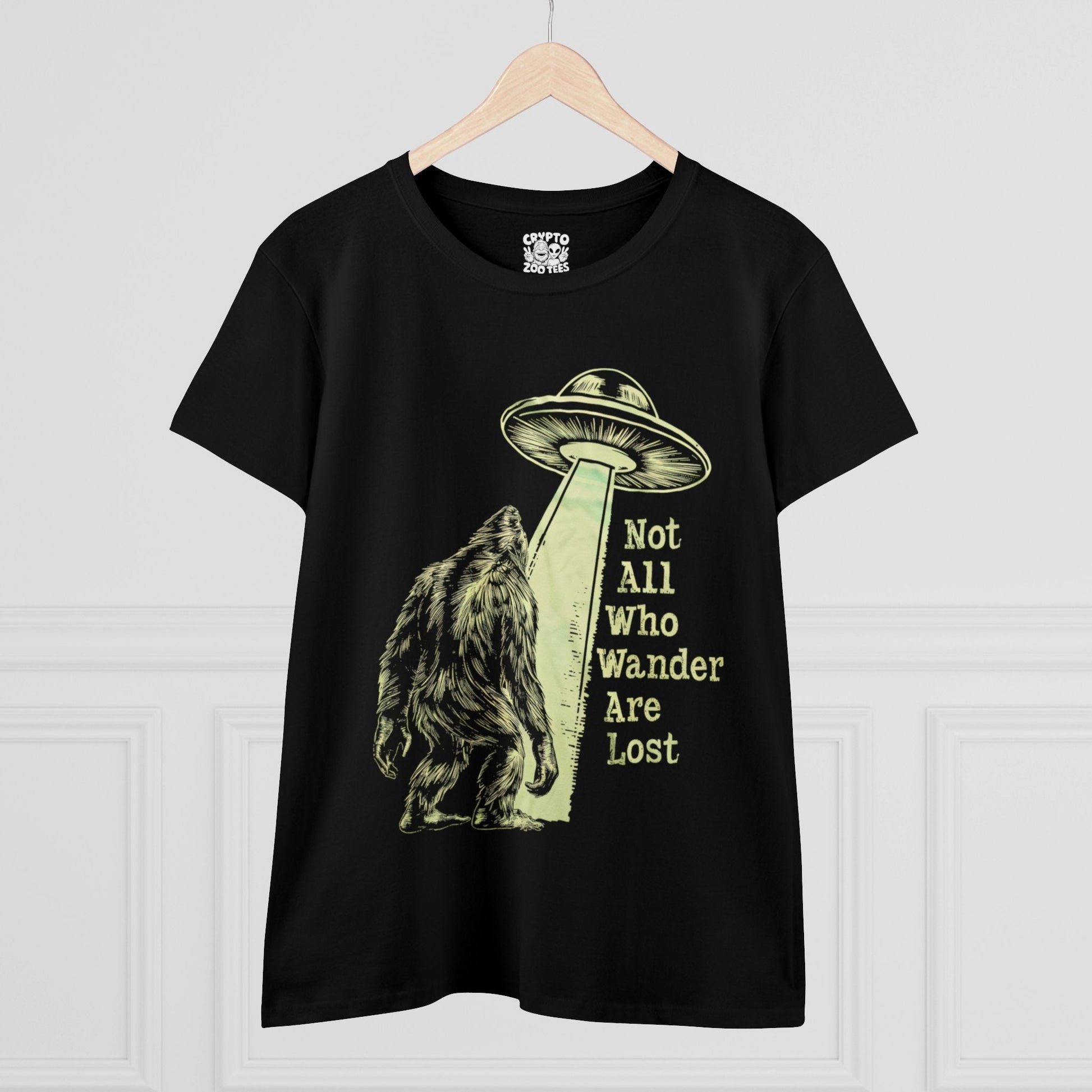 T-Shirt - Not All Who Wander Are Lost Bigfoot UFO | Women's T-Shirt | Cotton Tee from Crypto Zoo Tees