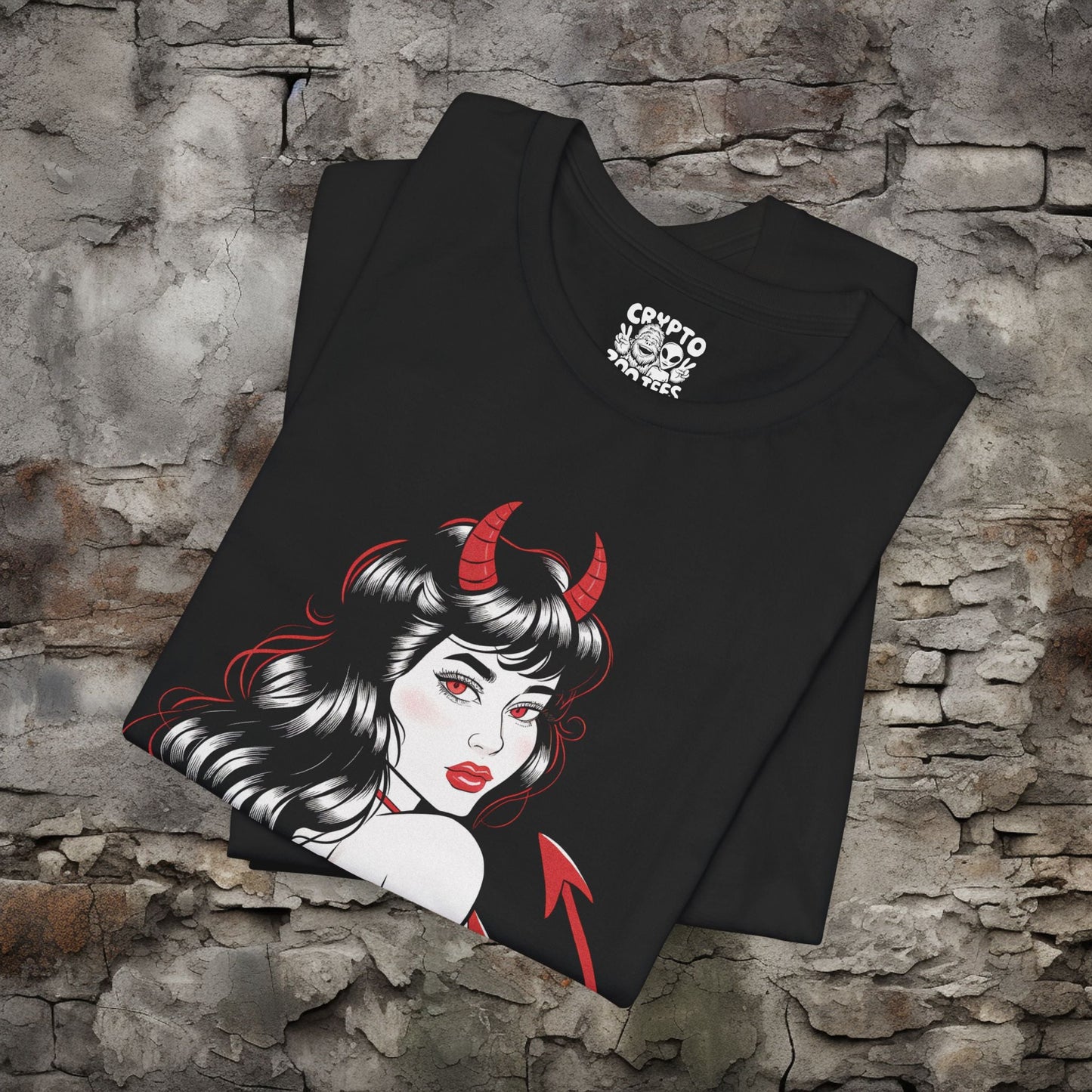 T-Shirt - Old School Devil Girl Pin - Up Shirt Gothic Tattoo Tee Retro Rockabilly T-Shirt Alternative Fashion Gift for Tattoo Lovers Pin - Up Style Top from Crypto Zoo Tees