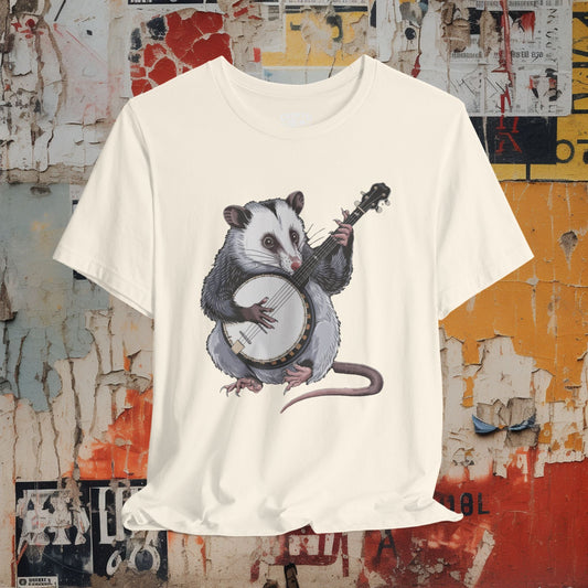 T-Shirt - opossum on banjo Tee, Retro Graphic Shirt, Funny Quirky T-Shirt, Unique Unisex Apparel, Chicken Tee, Edgy Nostalgic Shirt from Crypto Zoo Tees