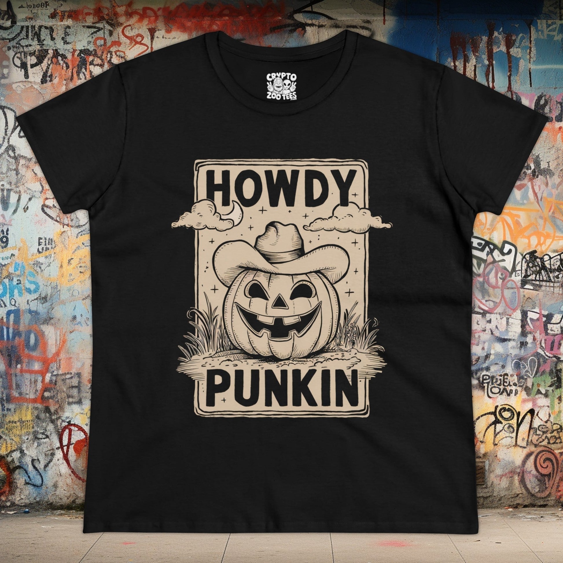 T-Shirt - Orange Howdy Punkin Halloween Cowboy Jack - o - lantern Pumpkin | Halloween | Women's T-Shirt | Cotton Tee | Ladies Tee from Crypto Zoo Tees