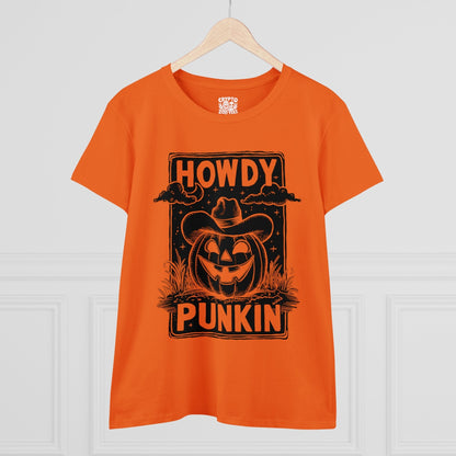 T-Shirt - Orange Howdy Punkin Halloween Cowboy Jack - o - lantern Pumpkin | Halloween | Women's T-Shirt | Cotton Tee | Ladies Tee from Crypto Zoo Tees