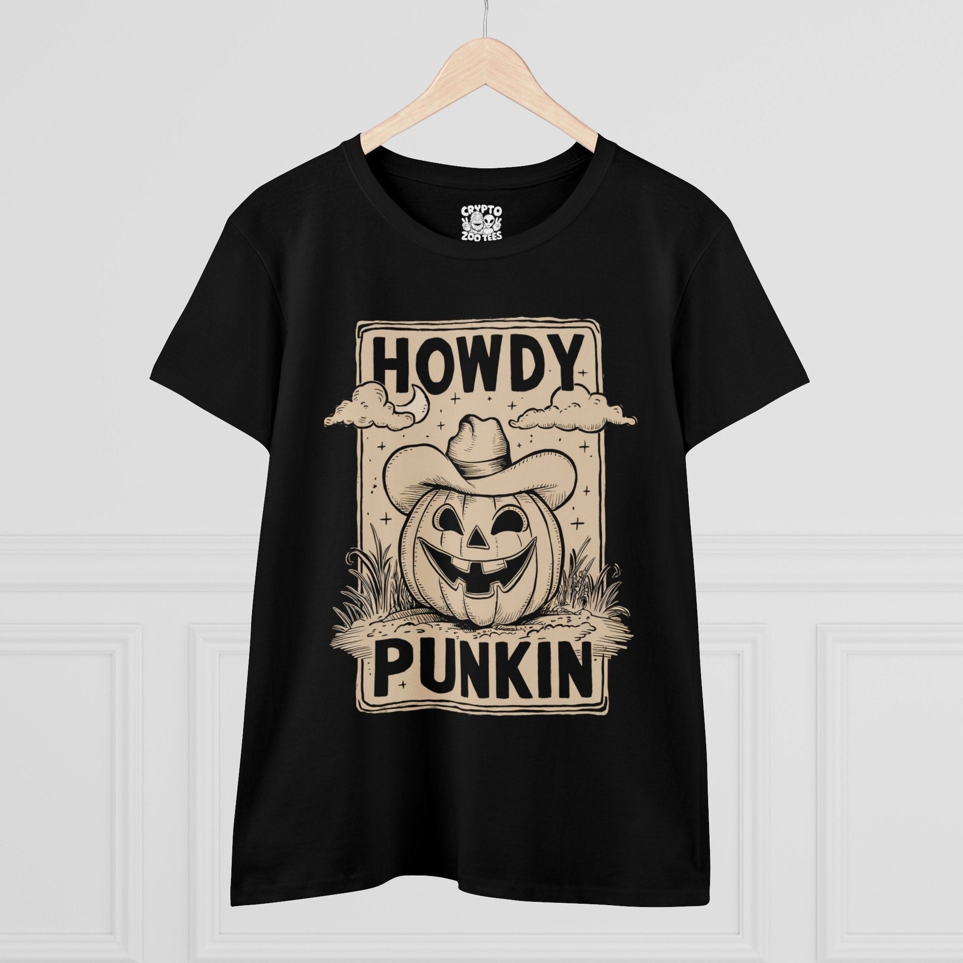 T-Shirt - Orange Howdy Punkin Halloween Cowboy Jack - o - lantern Pumpkin | Halloween | Women's T-Shirt | Cotton Tee | Ladies Tee from Crypto Zoo Tees