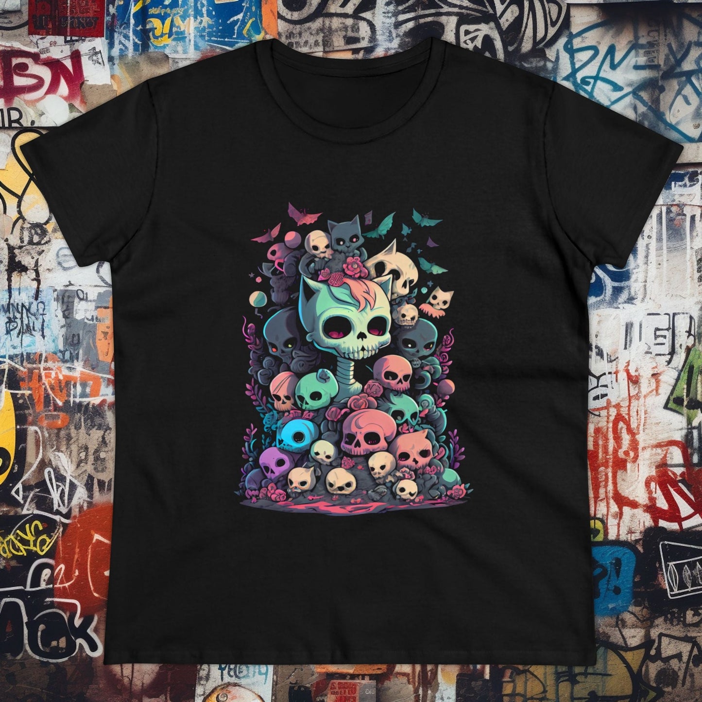 T-Shirt - Pastel Goth Skeleton Kittens | Women's T-Shirt | Cotton Ladies Tee from Crypto Zoo Tees