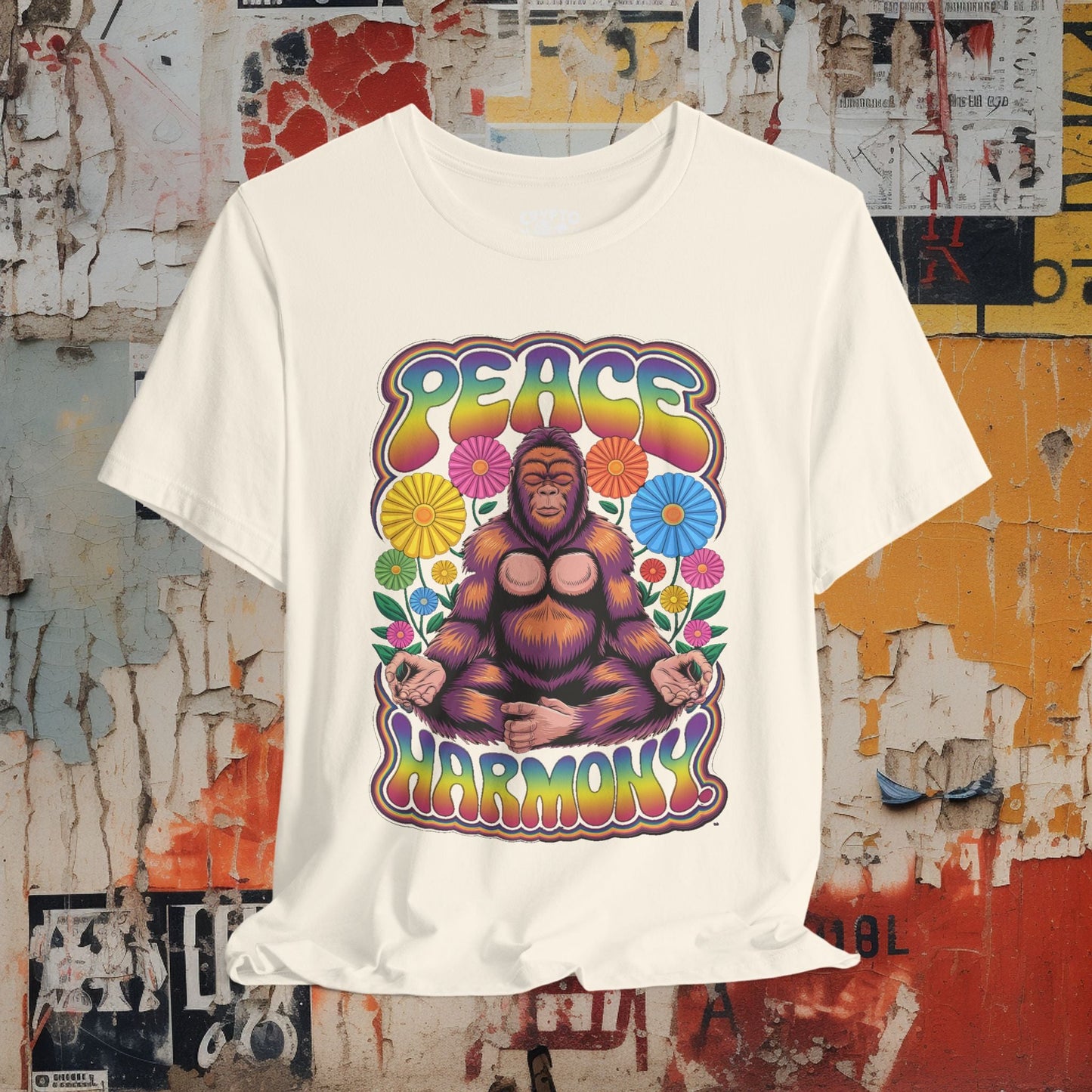 T-Shirt - Peace Harmony Bigfoot Unisex T-shirt | Unisex T-shirt | Funny, Bigfoot | Psychedelic, Retro & Vintage from Crypto Zoo Tees