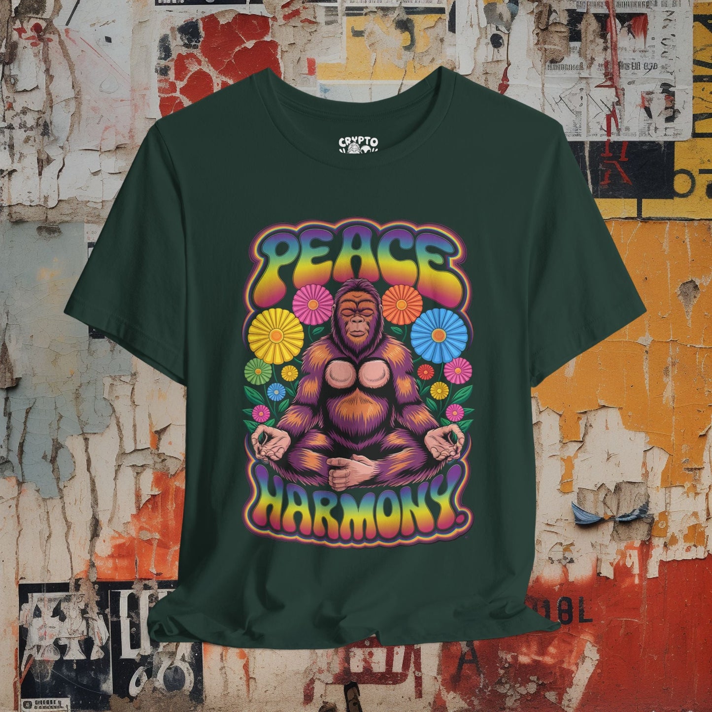 T-Shirt - Peace Harmony Bigfoot Unisex T-shirt | Unisex T-shirt | Funny, Bigfoot | Psychedelic, Retro & Vintage from Crypto Zoo Tees