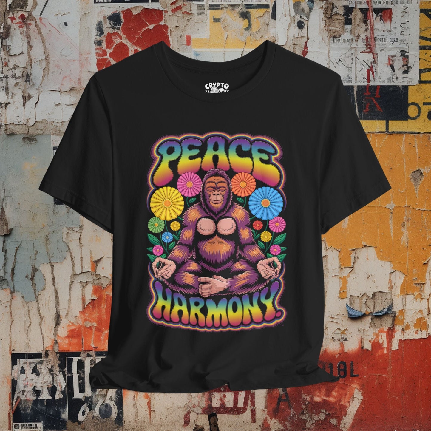 T-Shirt - Peace Harmony Bigfoot Unisex T-shirt | Unisex T-shirt | Funny, Bigfoot | Psychedelic, Retro & Vintage from Crypto Zoo Tees