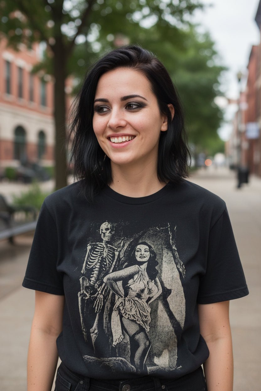 T-Shirt - Pin - Up Skeleton Babe | Unisex T-shirt (Bella+Canvas 3001) | Horror, Skulls &amp; Skeletons | Goth/Gothic, Rockabilly from Crypto Zoo Tees
