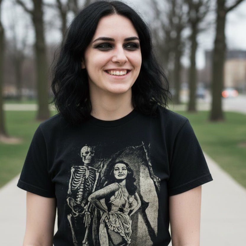 T-Shirt - Pin - Up Skeleton Babe | Unisex T-shirt (Bella+Canvas 3001) | Horror, Skulls &amp; Skeletons | Goth/Gothic, Rockabilly from Crypto Zoo Tees