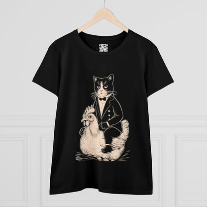 T-Shirt - Pink Tuxedo Cat Riding A Chicken | Women's T-Shirt | Cotton Tee | Ladies Tee from Crypto Zoo Tees