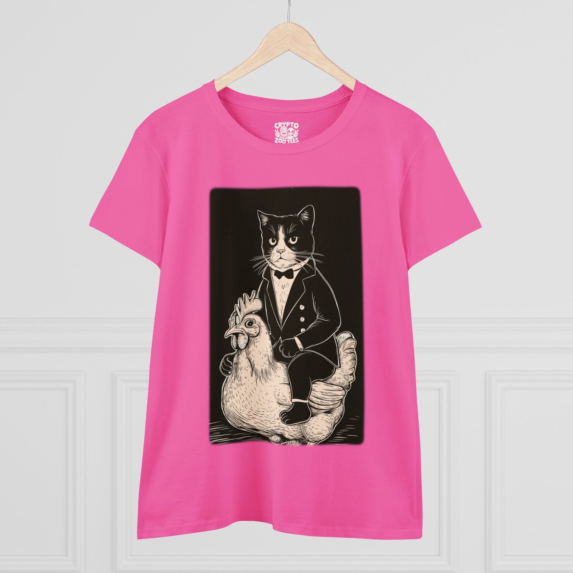 T-Shirt - Pink Tuxedo Cat Riding A Chicken | Women's T-Shirt | Cotton Tee | Ladies Tee from Crypto Zoo Tees