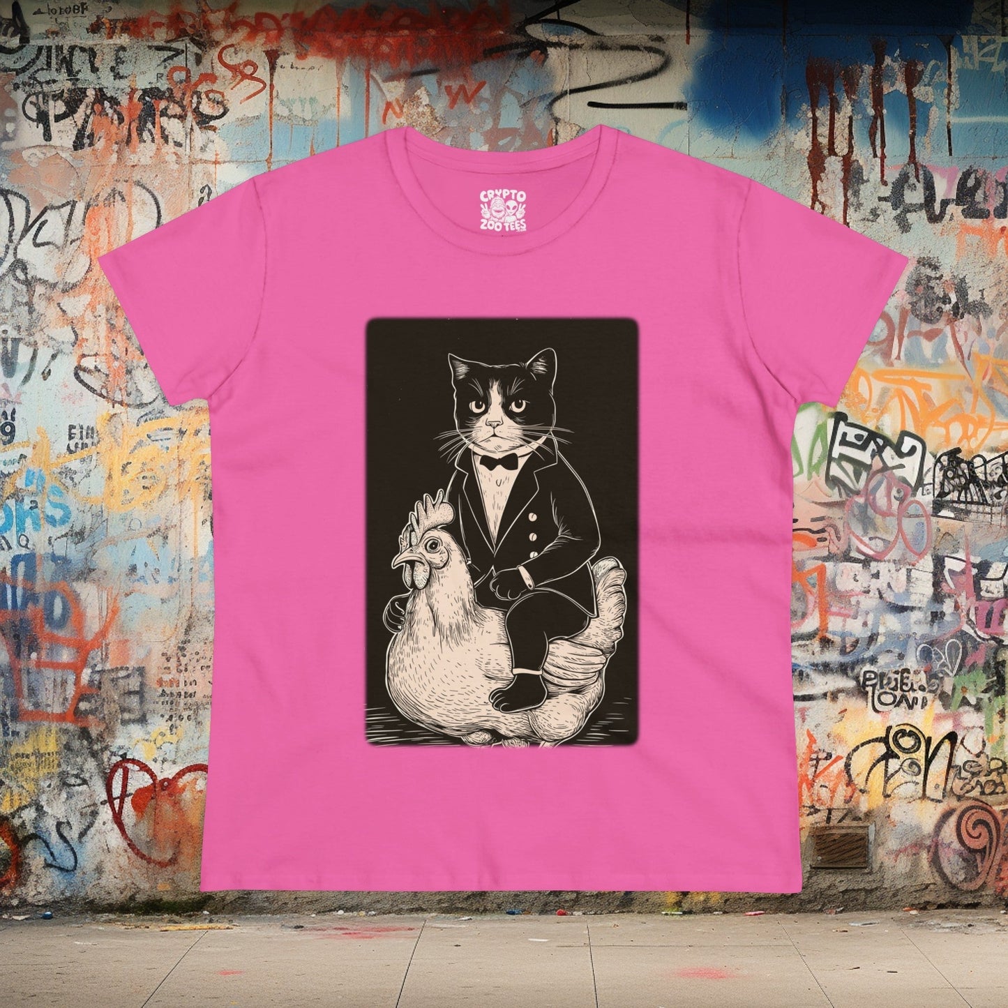 T-Shirt - Pink Tuxedo Cat Riding A Chicken | Women's T-Shirt | Cotton Tee | Ladies Tee from Crypto Zoo Tees