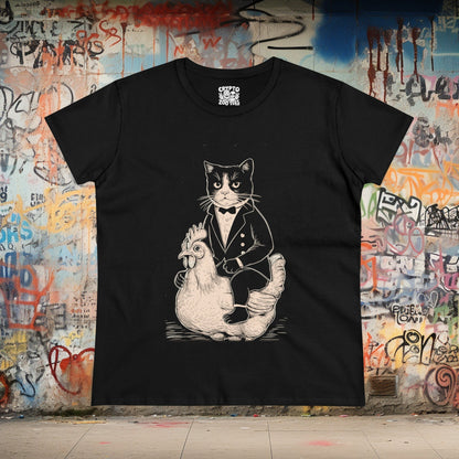 T-Shirt - Pink Tuxedo Cat Riding A Chicken | Women's T-Shirt | Cotton Tee | Ladies Tee from Crypto Zoo Tees