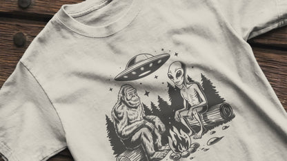 Bigfoot with Gray Alien and UFO Tee | Unisex T-shirt | Cryptids, UFOs | Funny, Quirky