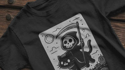 Death Riding a Cat | Cute Grim Reaper | Goth | Bella + Canvas Unisex T-shirt