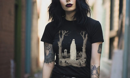 Ghost In Cemetery Halloween Horror Tee | Bella + Canvas Unisex T-shirt