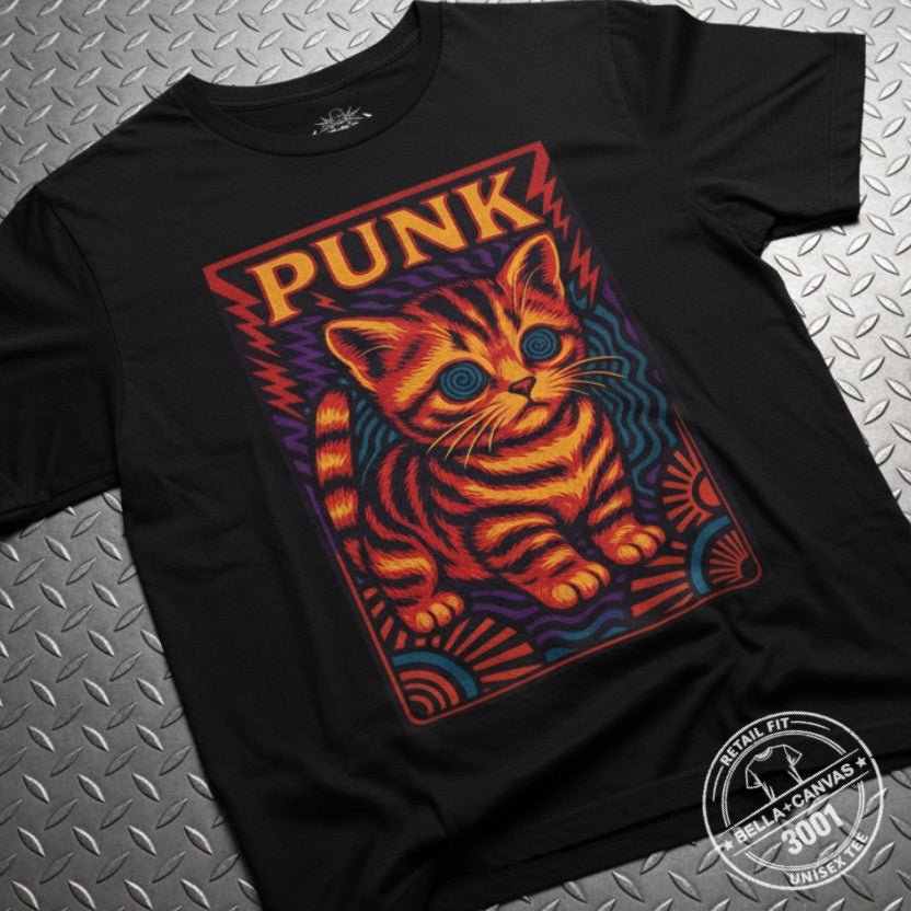 T-Shirt - Punk Kitten Freakout | Unisex T-shirt (Bella+Canvas 3001) | Animals, Funny | Punk, Psychedelic from Crypto Zoo Tees