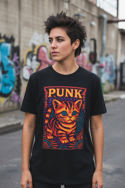 T-Shirt - Punk Kitten Freakout | Unisex T-shirt (Bella+Canvas 3001) | Animals, Funny | Punk, Psychedelic from Crypto Zoo Tees