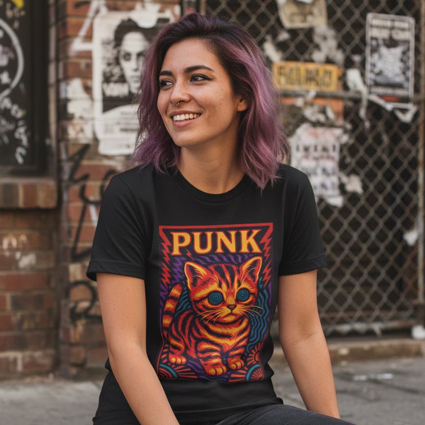 T-Shirt - Punk Kitten Freakout | Unisex T-shirt (Bella+Canvas 3001) | Animals, Funny | Punk, Psychedelic from Crypto Zoo Tees