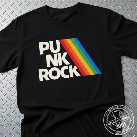 T-Shirt - Punk Rock Shirt - Fitted Tee - Bella+ - Rainbow T-Shirt Retro Music Black Tee Vintage Band Style Shirt Classic Rock Gift For Punk Fans from Crypto Zoo Tees