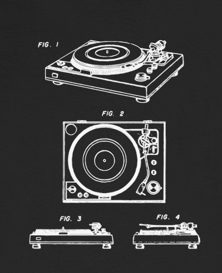 T-Shirt - Record Player Patent Shirt: Soft-Cotton T-shirt - Blueprint Music Tee from Crypto Zoo Tees