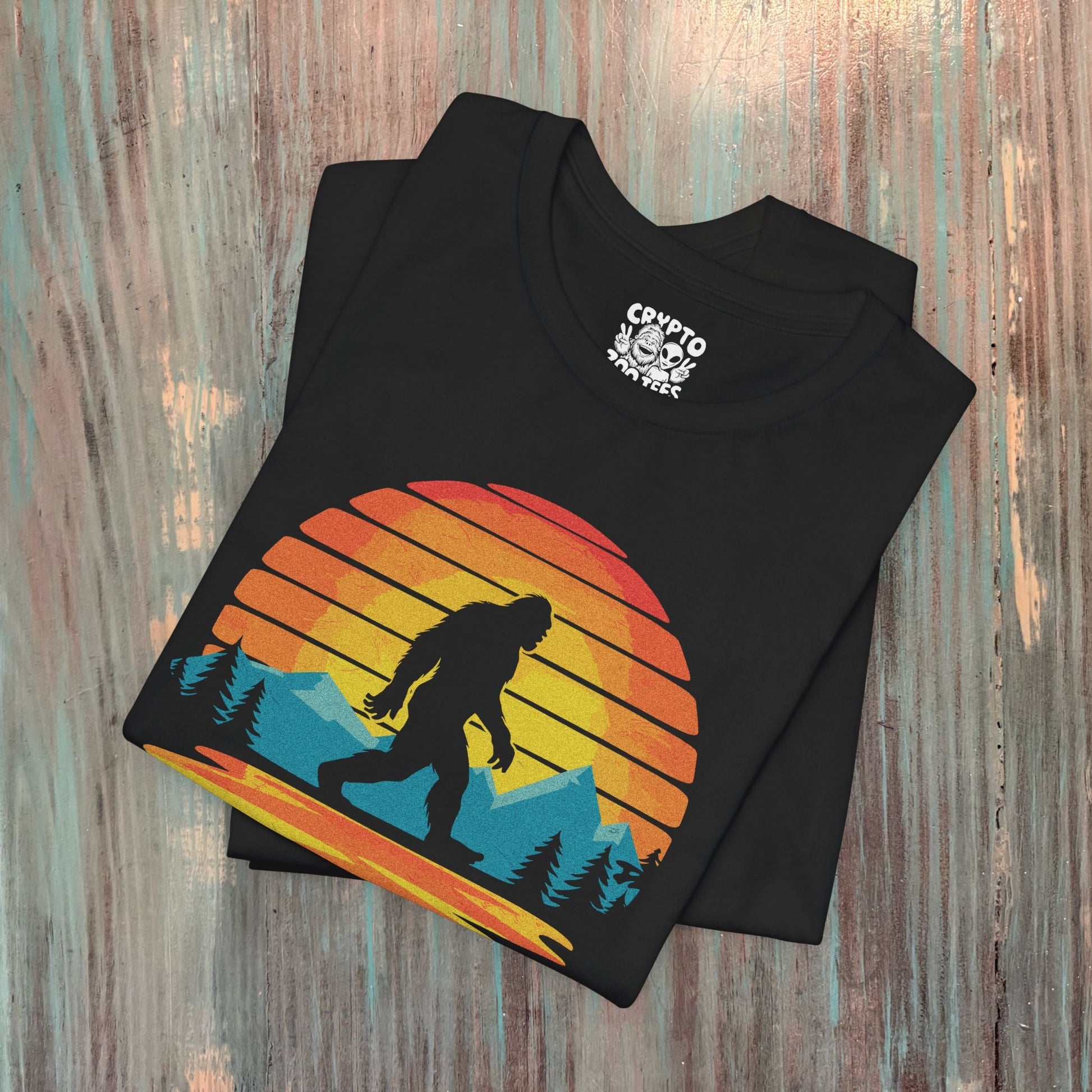 T-Shirt - Retro Bigfoot Sunset | Unisex T-shirt | Bigfoot | Retro & Vintage from Crypto Zoo Tees