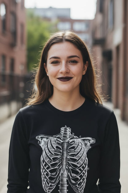 Long - sleeve - Ribcage Long Sleeve | Unisex Long Sleeve Tee - Guldan 2400 | Skulls & Skeletons | Goth/Gothic from Crypto Zoo Tees