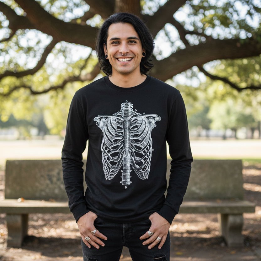 Long - sleeve - Ribcage Long Sleeve | Unisex Long Sleeve Tee - Guldan 2400 | Skulls & Skeletons | Goth/Gothic from Crypto Zoo Tees