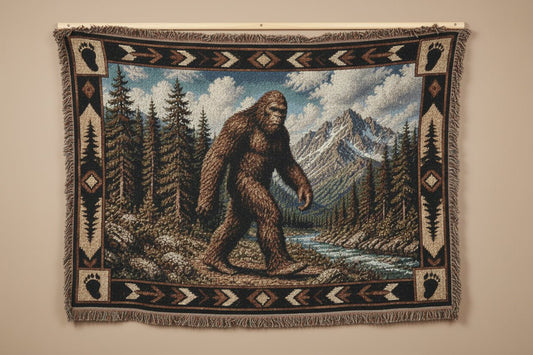 Home Decor - Rustic Bigfoot Blanket | Cabin Throw | Woven Cotton Throw | Bigfoot, Cryptids from Crypto Zoo Tees