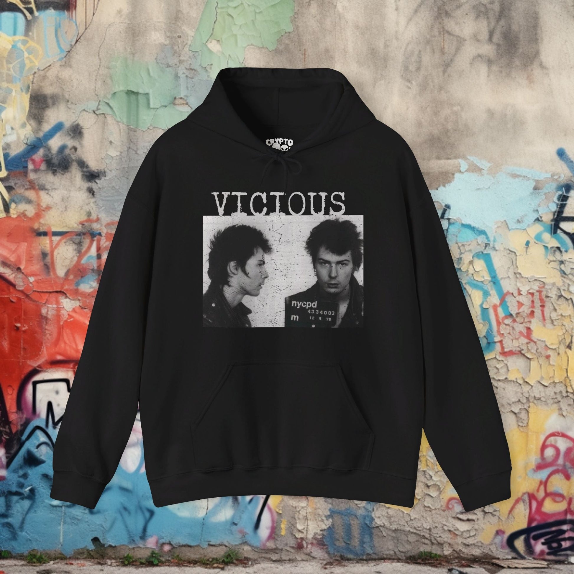 Hoodie - Sid Vicious Mugshot | Hoodie | Hooded Sweatshirt from Crypto Zoo Tees