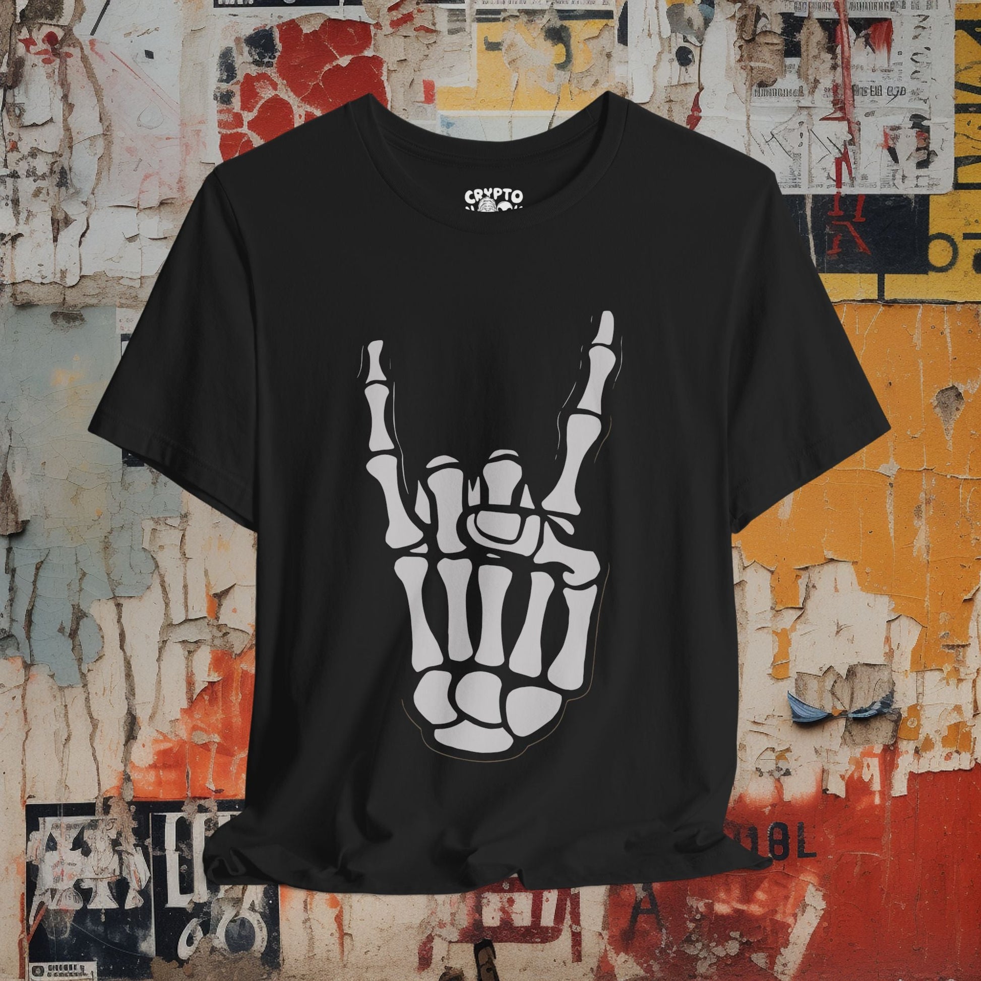 T-Shirt - Skeletal Bone Heavy Metal Rock On Hand | Bella + Canvas Unisex T-shirt from Crypto Zoo Tees