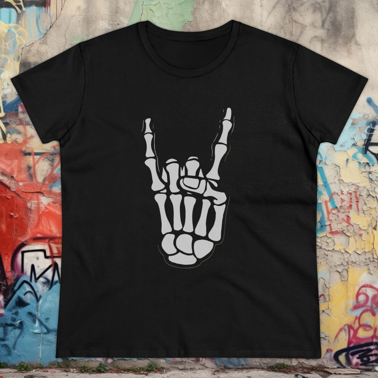 T-Shirt - Skeletal Bone Heavy Metal Rock On Hand | Women's T-Shirt | Cotton Ladies Tee from Crypto Zoo Tees