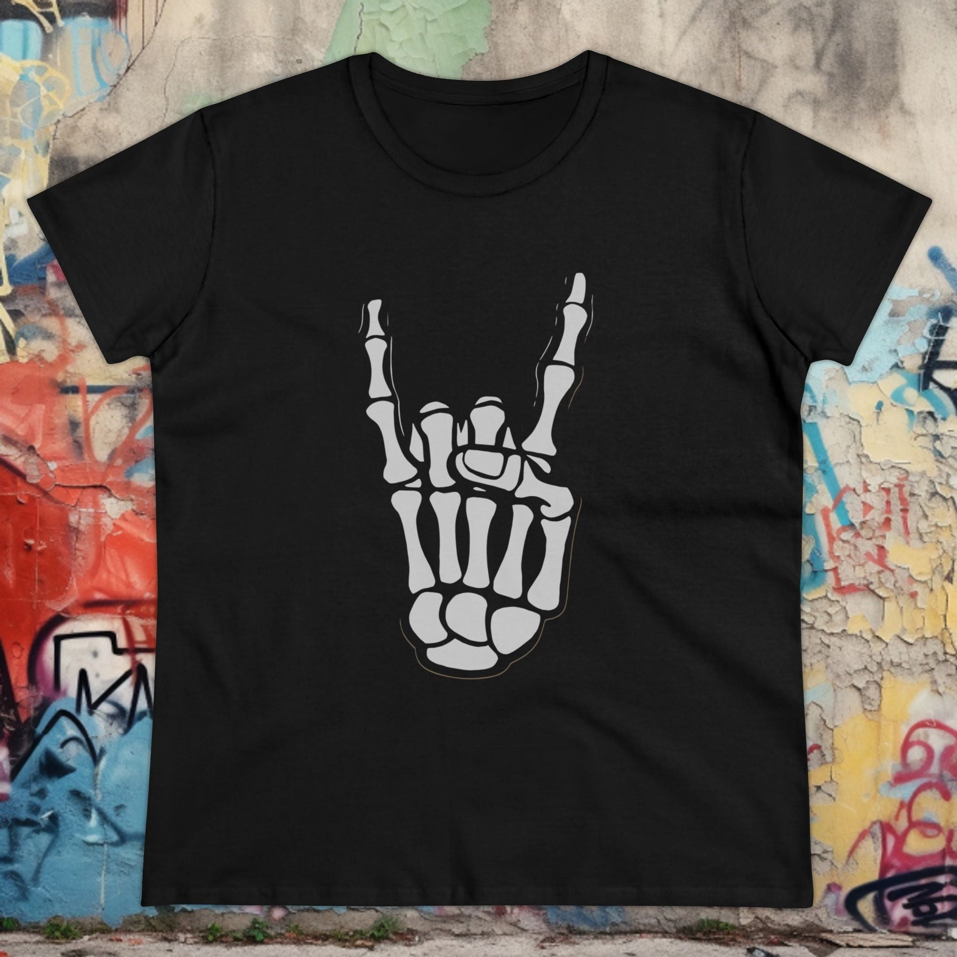 T-Shirt - Skeletal Bone Heavy Metal Rock On Hand | Women's T-Shirt | Cotton Ladies Tee from Crypto Zoo Tees