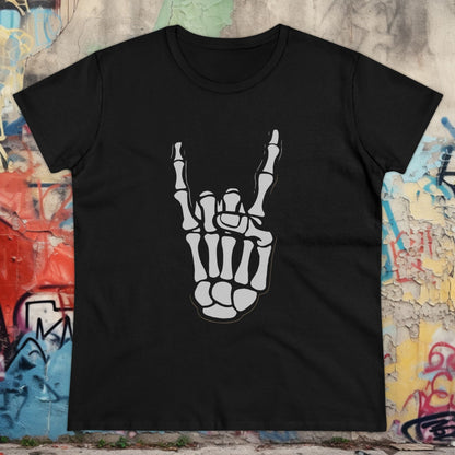 T-Shirt - Skeletal Bone Heavy Metal Rock On Hand | Women's T-Shirt | Cotton Ladies Tee from Crypto Zoo Tees