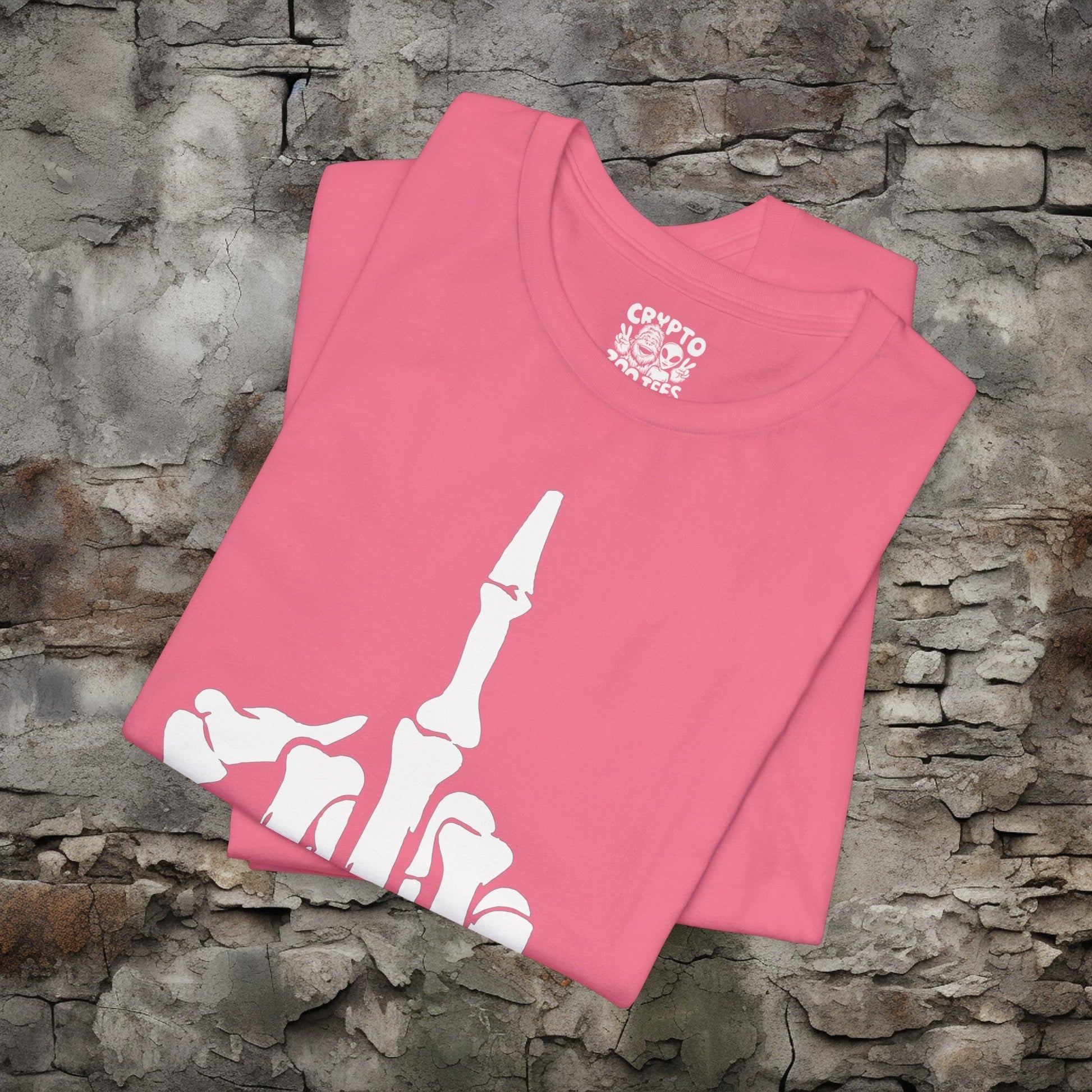 T-Shirt - Skeletal Middle Finger PINK | Bella + Canvas Unisex T-shirt from Crypto Zoo Tees